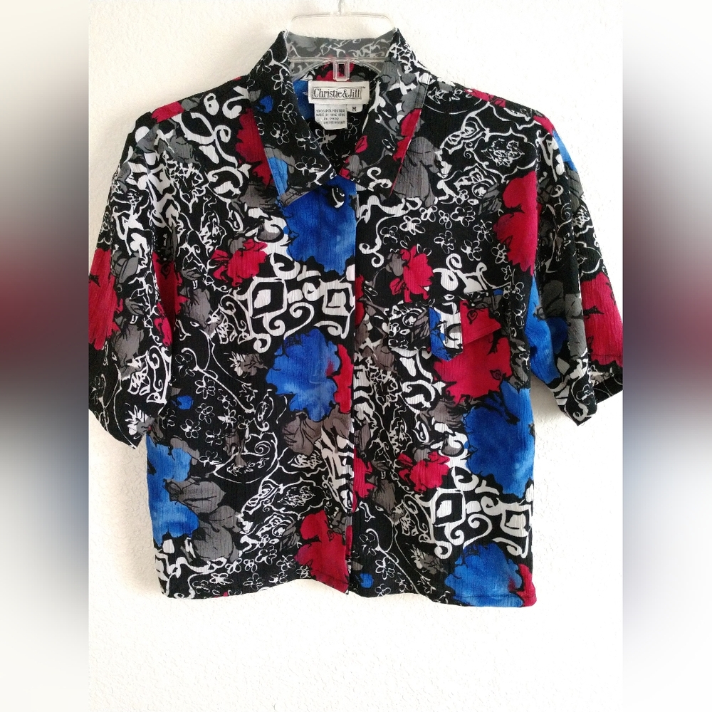 Christie & Jill Petite CROPPED Blouse Black White Blue Abstract Floral MP